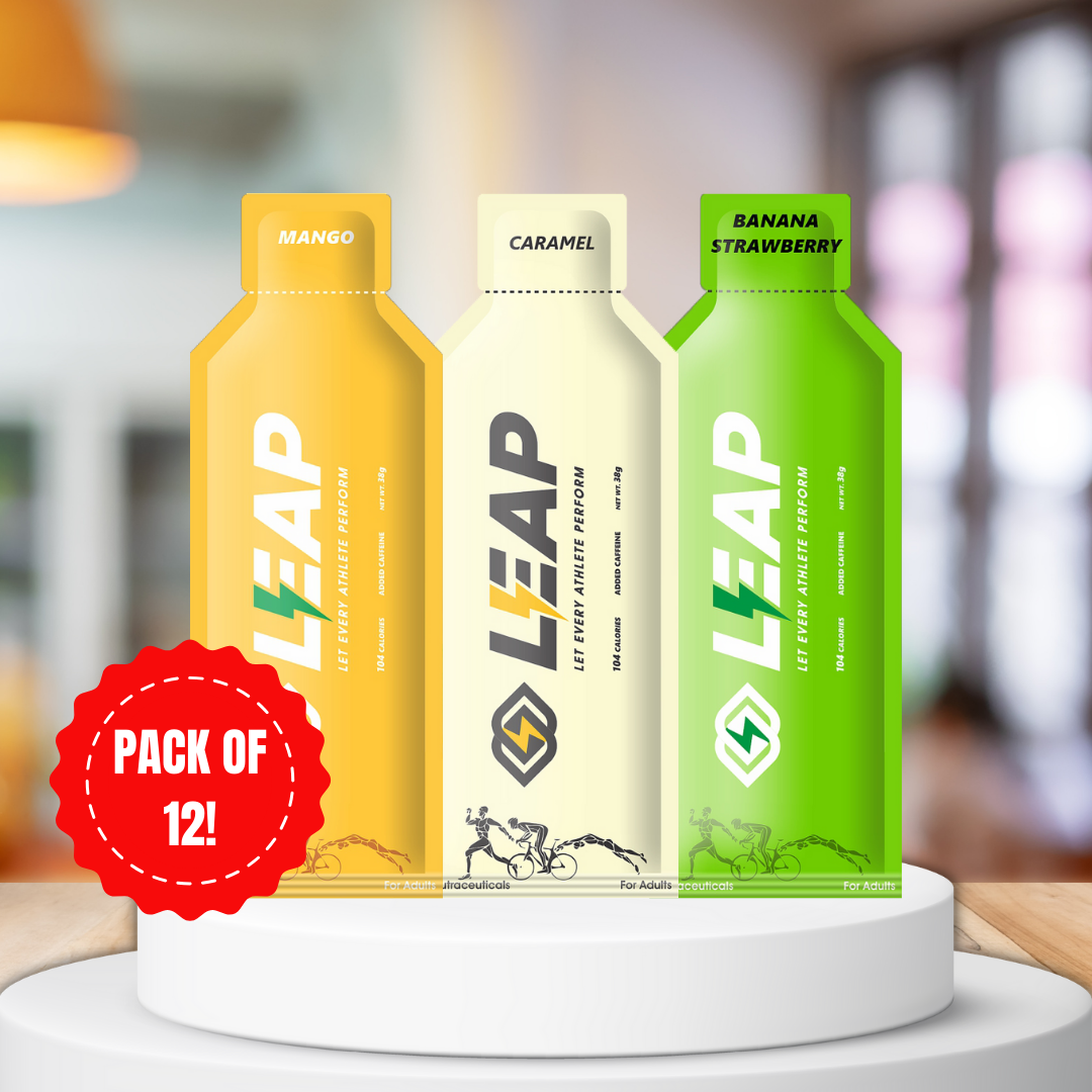 Pack of 12 Leap Energy Gels  Assorted Flavors of 4 Mango-4 Caramel-4 Banana