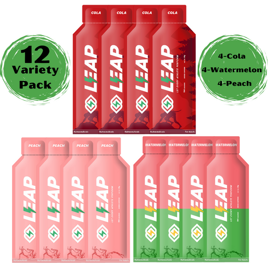 Pack of 12 Leap Energy Gel Assorted Flavors of (4-Cola-4-Peach-4-Watermelon)