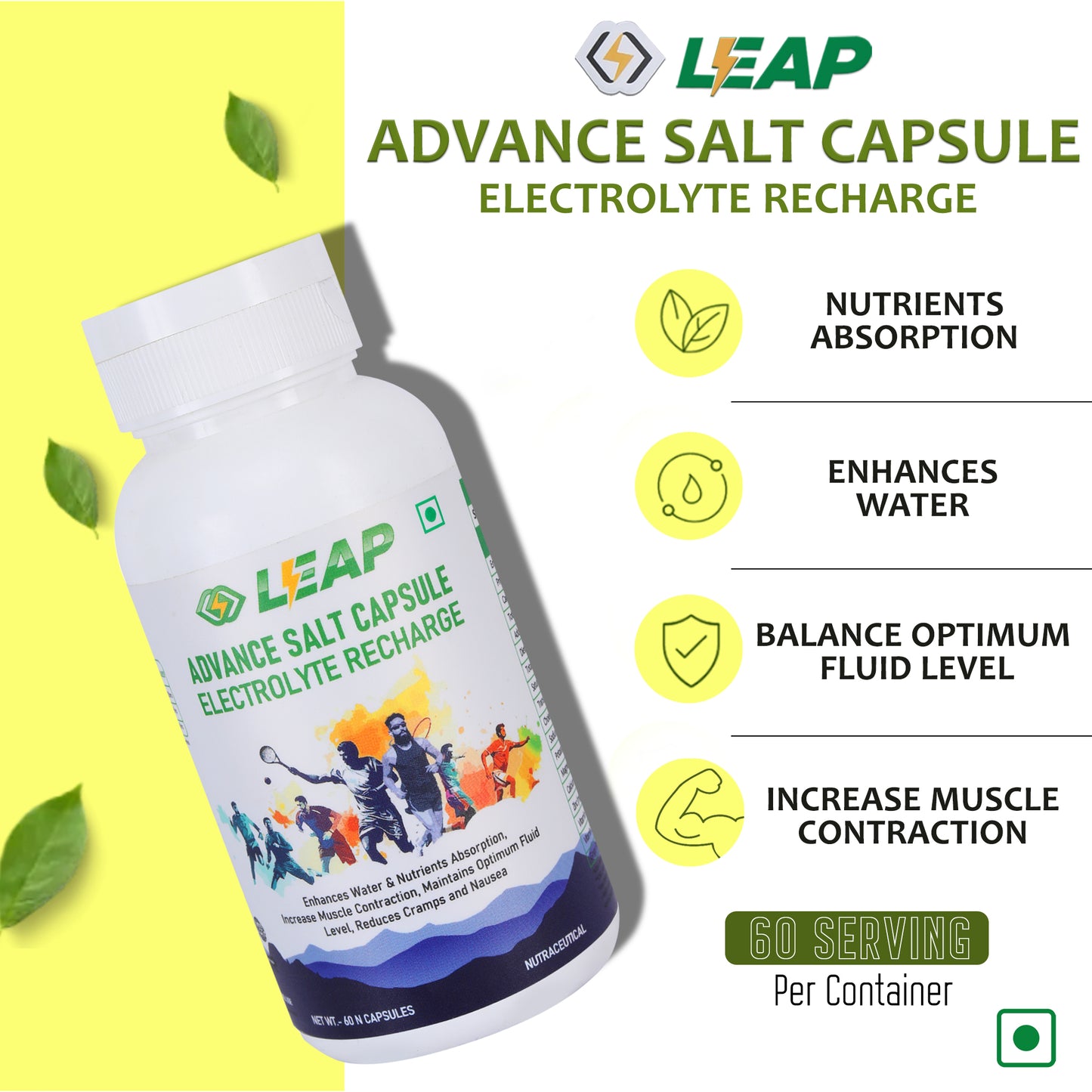 LEAP Advance Salt Capsule Electrolyte Recharge : 60 Vegan Non-Caffeinated Capsules