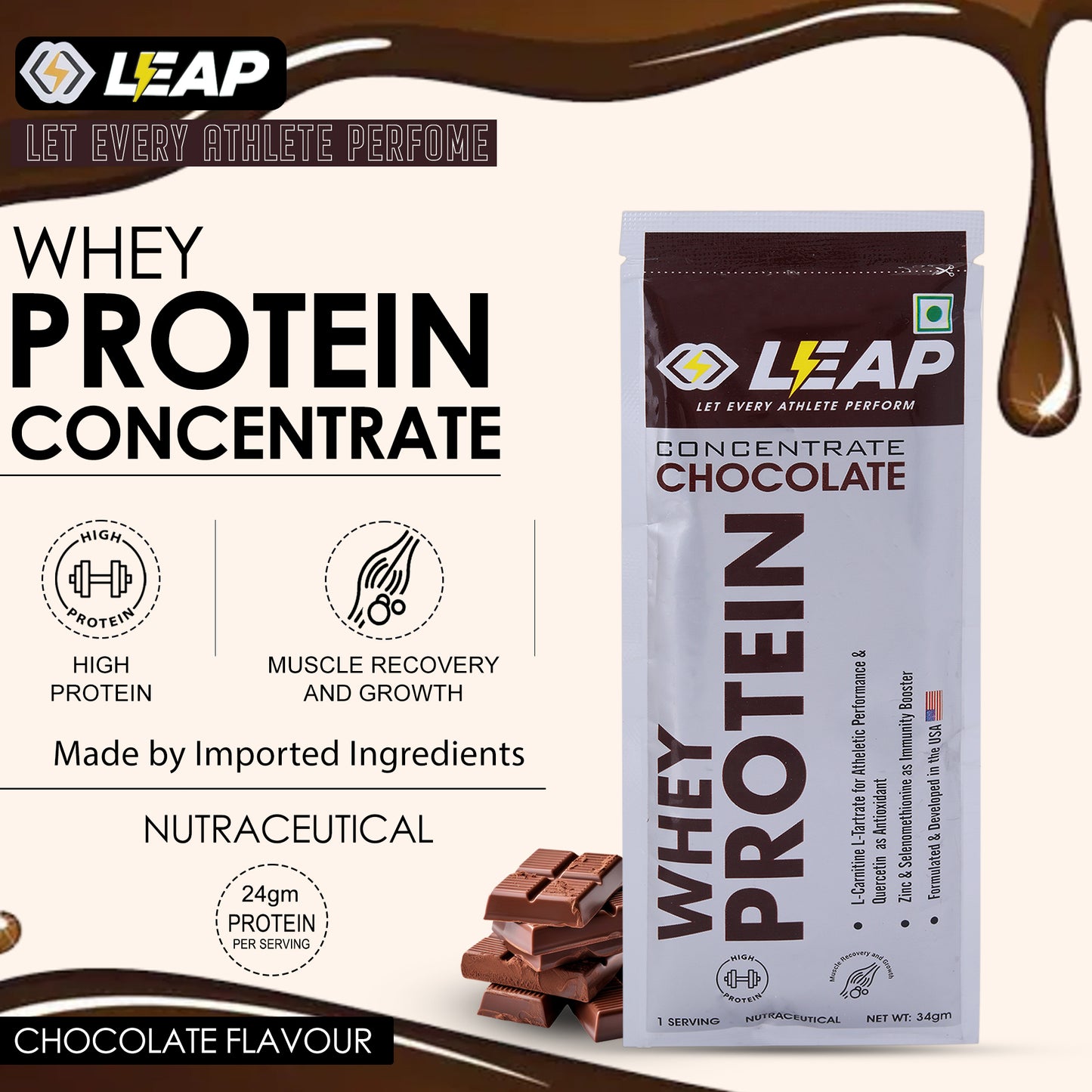 Leap Whey Protein Concentrate (Chocolate Flavor)-34gm Sachets