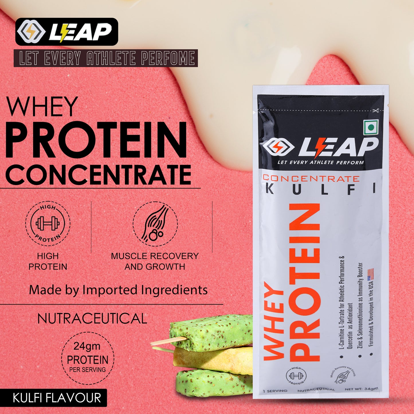 Leap Whey Protein Concentrate (Kulfi Flavor)-34gm Sachets