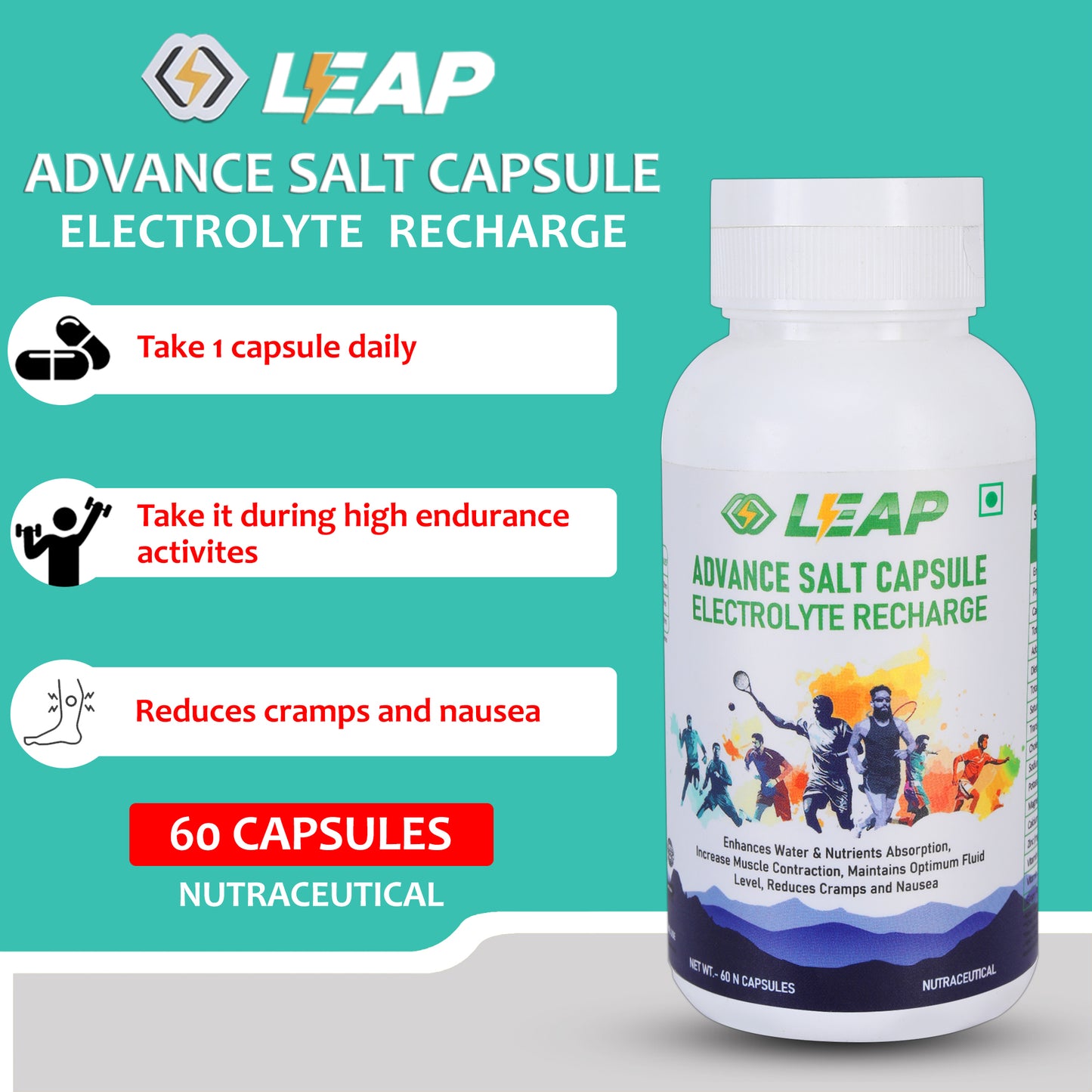 LEAP Advance Salt Capsule Electrolyte Recharge : 60 Vegan Non-Caffeinated Capsules