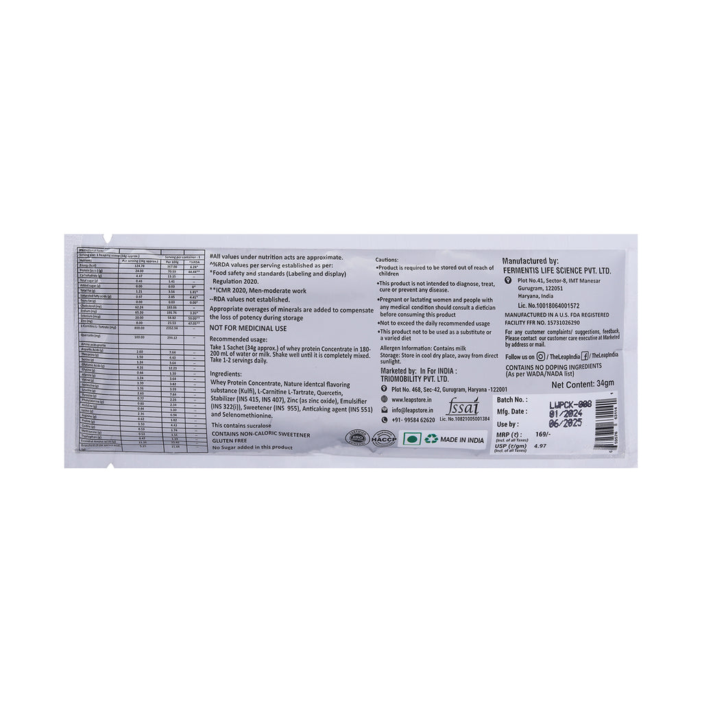 Leap Whey Protein Concentrate (Kulfi Flavor)-34gm Sachets