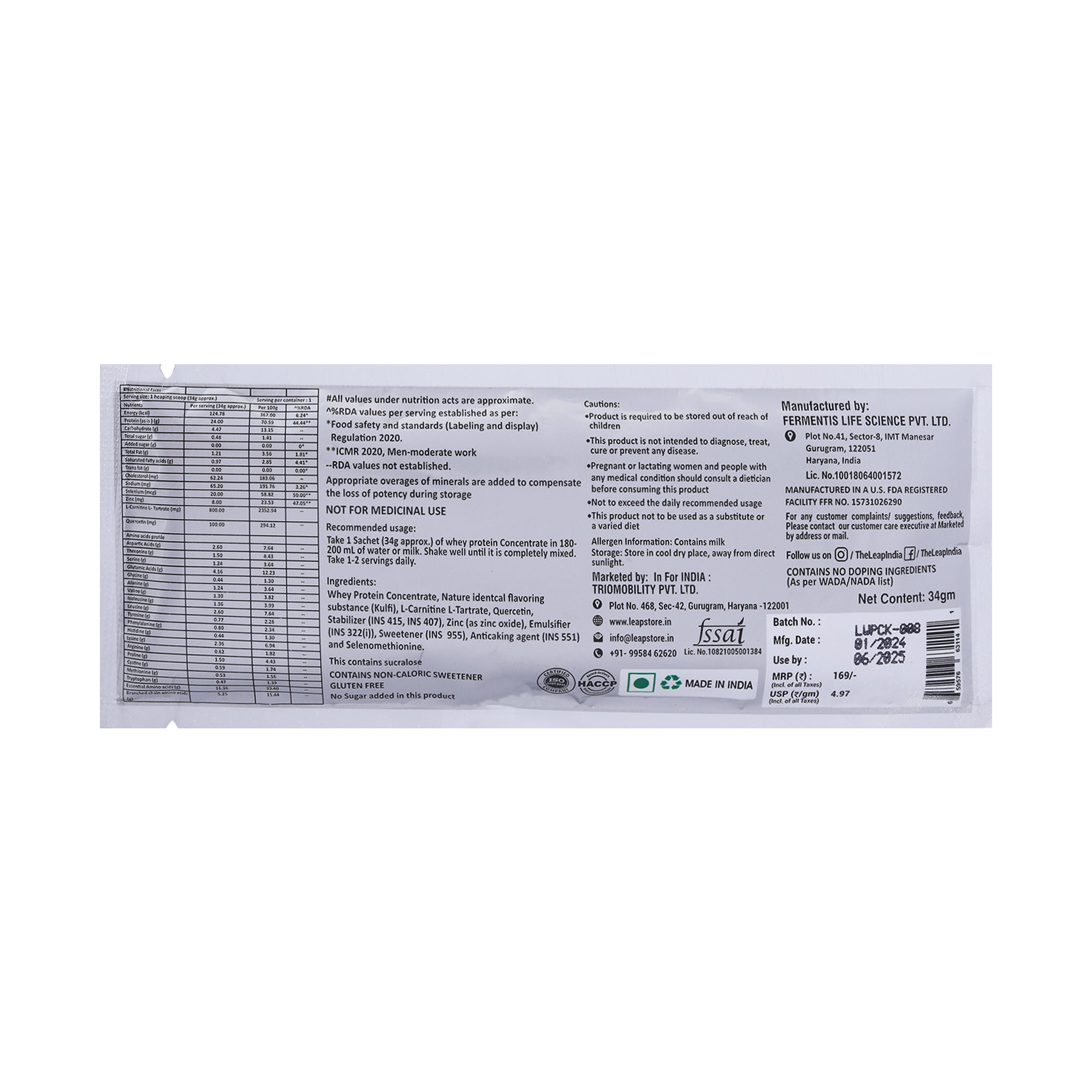 Leap Whey Protein Concentrate (Kulfi Flavor)-34gm Sachets