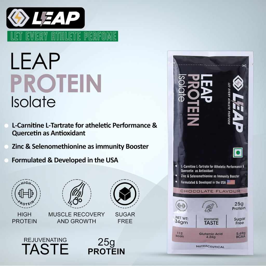 Leap Whey Protein Isolate(Chocolate Flavor)-Pack-5-10-15-20-34gm/Sachets