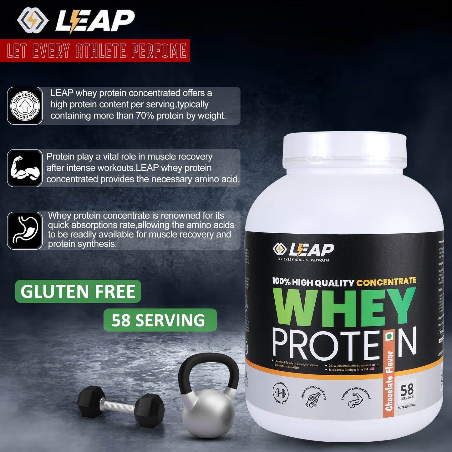 Leap Whey Protein Concentrate - Chocolate Flavor-2KG-20% Flat Off  On MRP