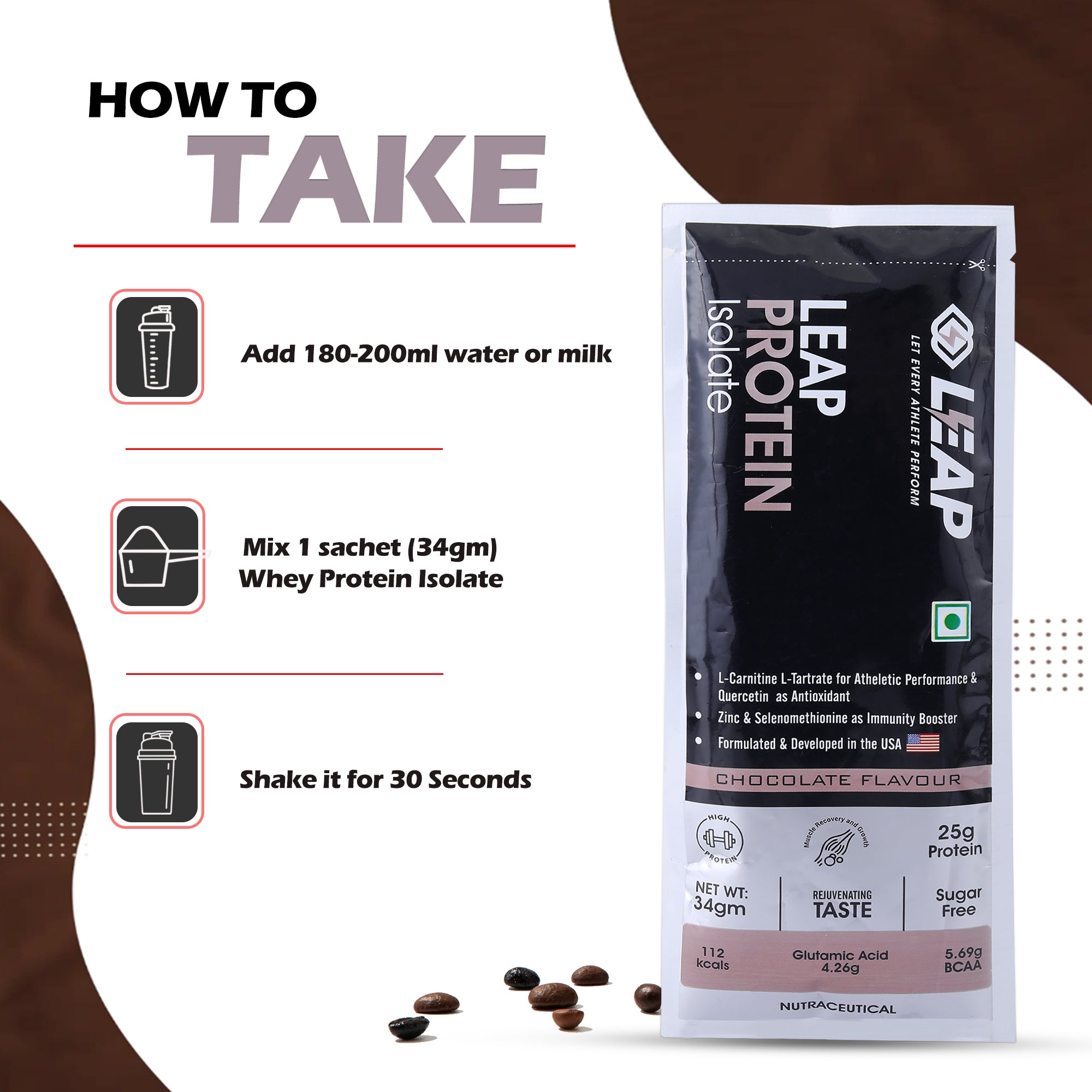 Leap Whey Protein Isolate(Chocolate Flavor)-Pack-5-10-15-20-34gm/Sachets
