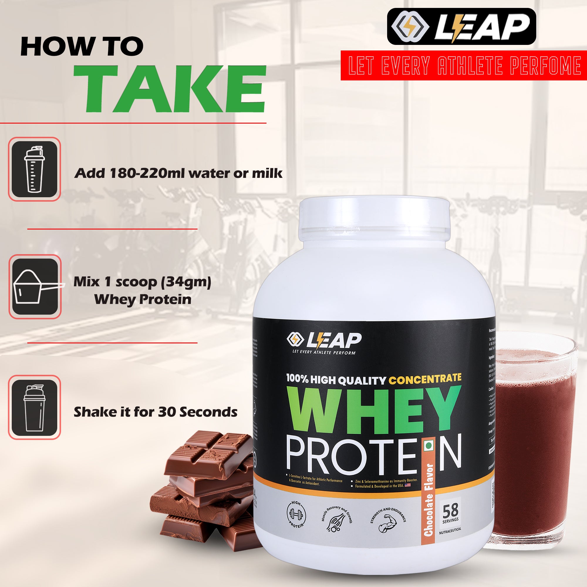 Leap Whey Protein Concentrate - Chocolate Flavor-2KG-10% Flat Off  On MRP