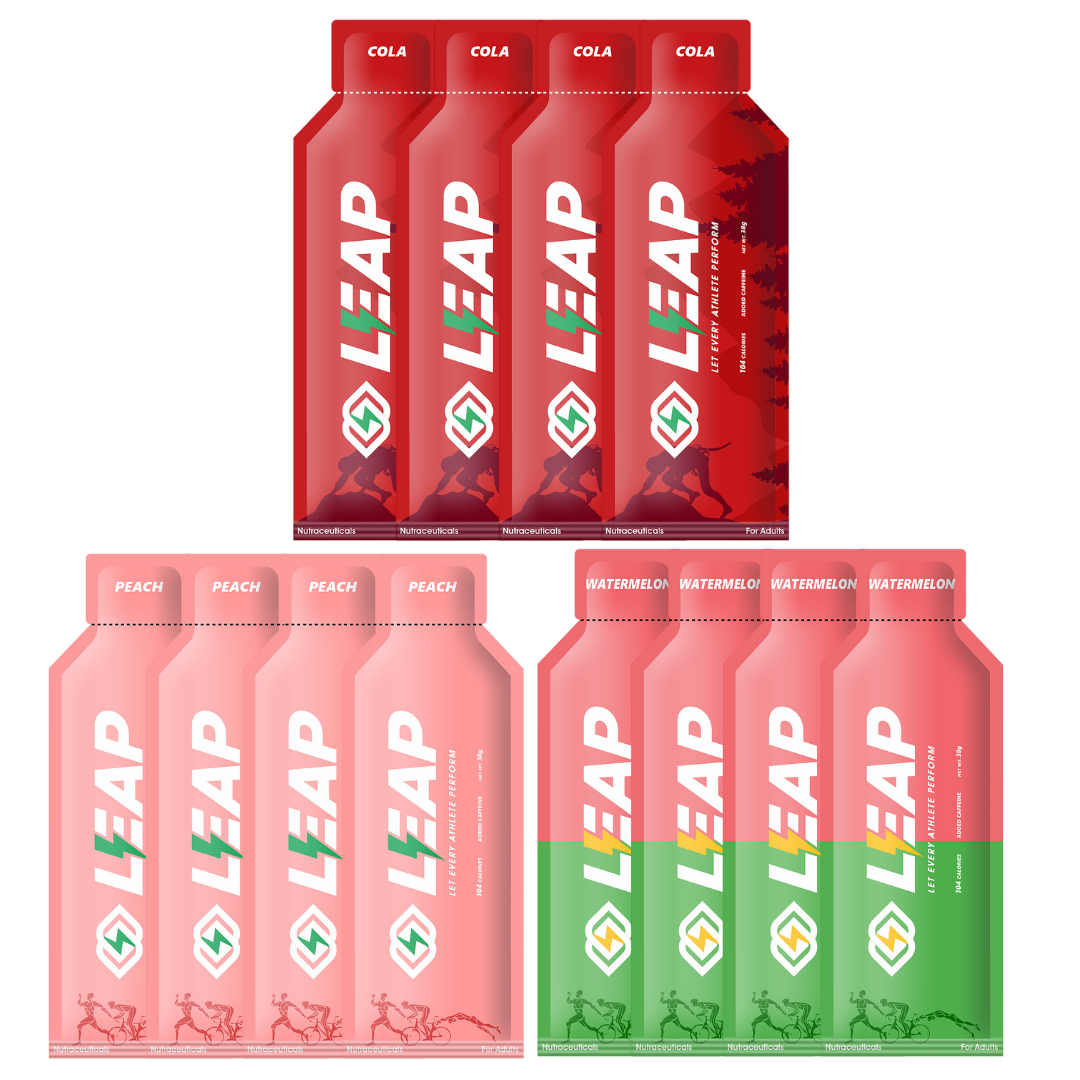 LEAP Energy Gels Pack of 12 : Assorted Flavors of (4-Cola, 4-Peach, 4-Watermelon)
