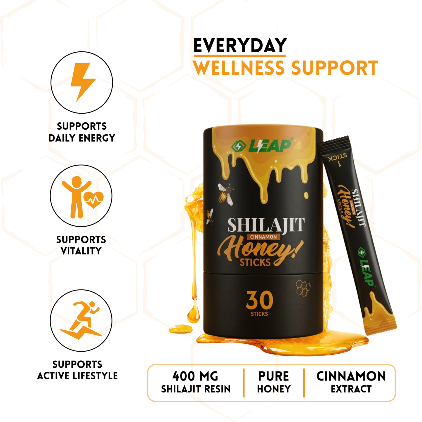 Shilajit Energy Sips | 100% Pure Himalayan Shilajit | 400mg Per Stick | Natural Energy & Stamina Support | Cinnamon Honey Flavour | 30 Sachets